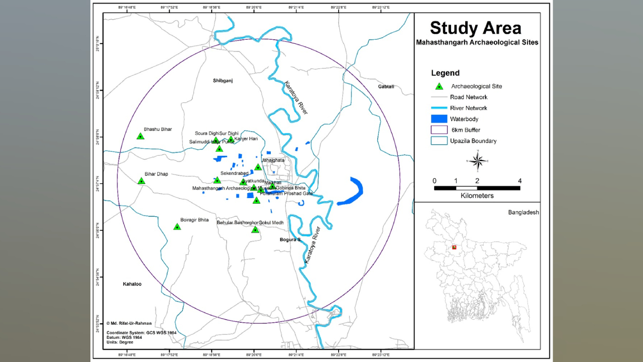 মহাস্থানগড়ের গবেষিত প্রত্নস্থলগুলোর জিআইএস মানচিত্র। ছবি : সৌজন্য