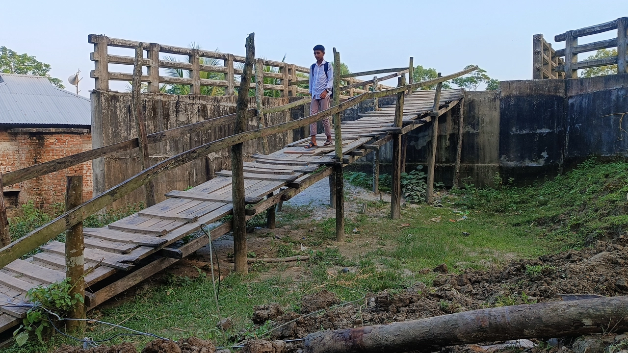 ব্রিজের সংযোগ সেতু না থাকায় কাঠের সাঁকো দিয়ে পারাপার হচ্ছেন মানুষ। ছবি : কালবেলা