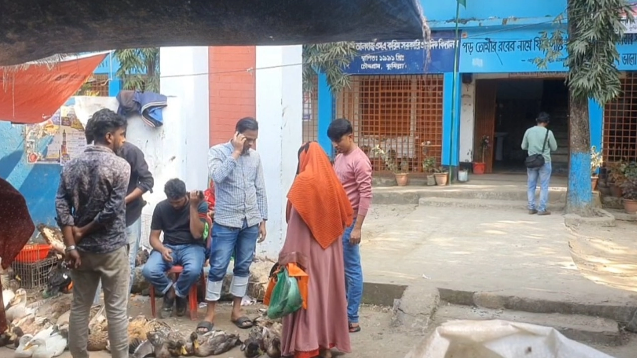 বিদ্যালয়ের গেটে বসেছে হাঁস-মুরগির বাজার। ছবি : কালবেলা