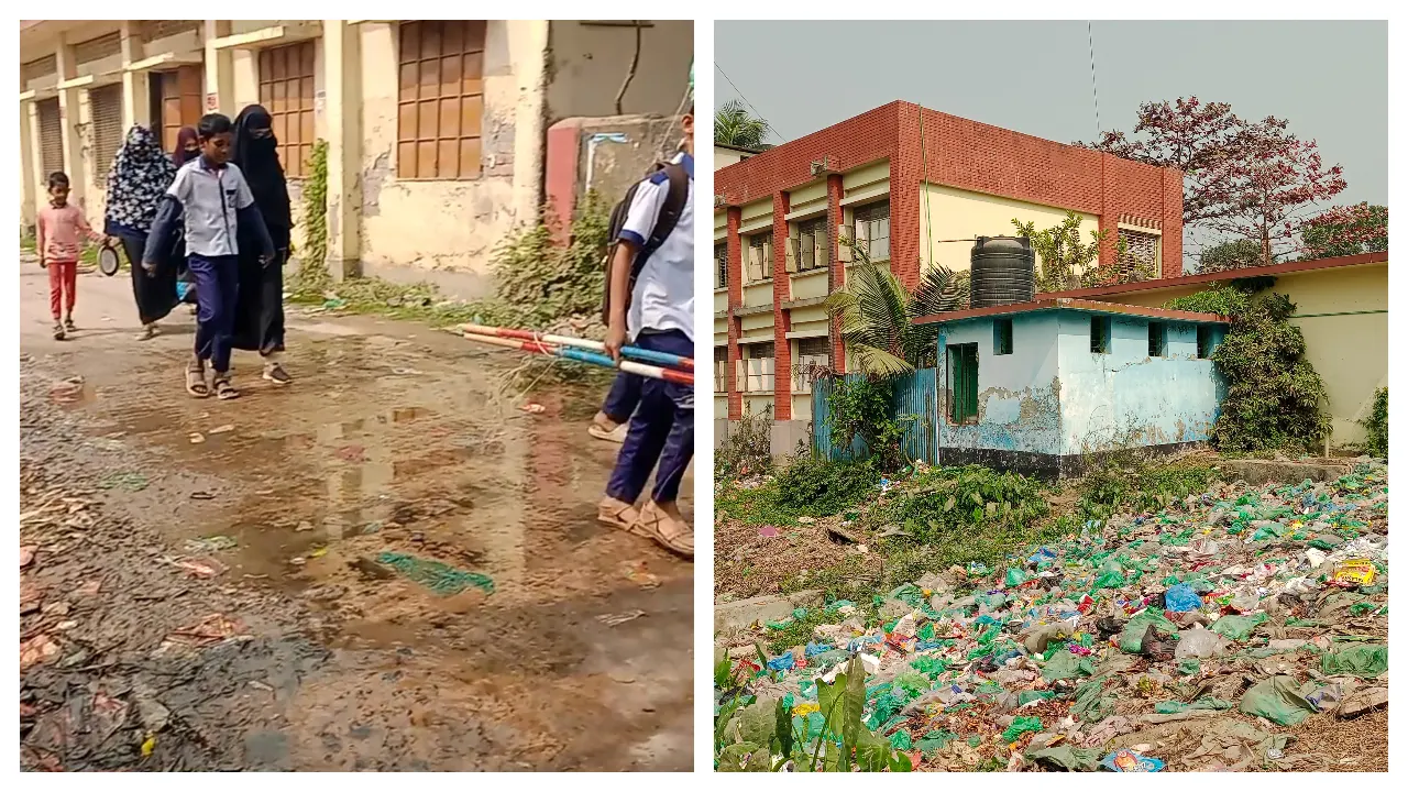 কুমিল্লার চান্দিনার মাধাইয়া সরকারি প্রাথমিক বিদ্যালয়ের পাশেই ময়লার ভাগাড়। ছবি : কালবেলা