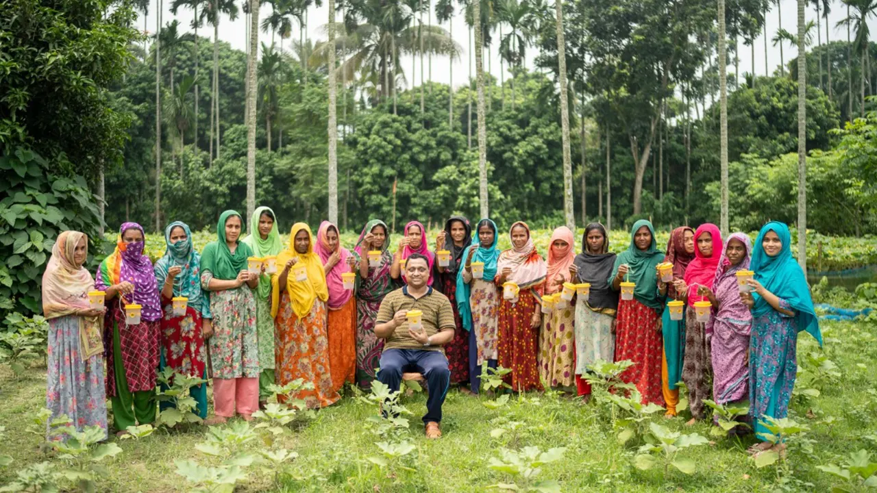 ফলের মাছি-পোকা দমনে ‘ফ্রুট ফ্লাই ট্র্যাপ’ নামে একটি নতুন প্রযুক্তির উদ্ভাবন কার্যক্রমে বাকৃবির গবেষক ও অন্যরা। ছবি : কালবেলা