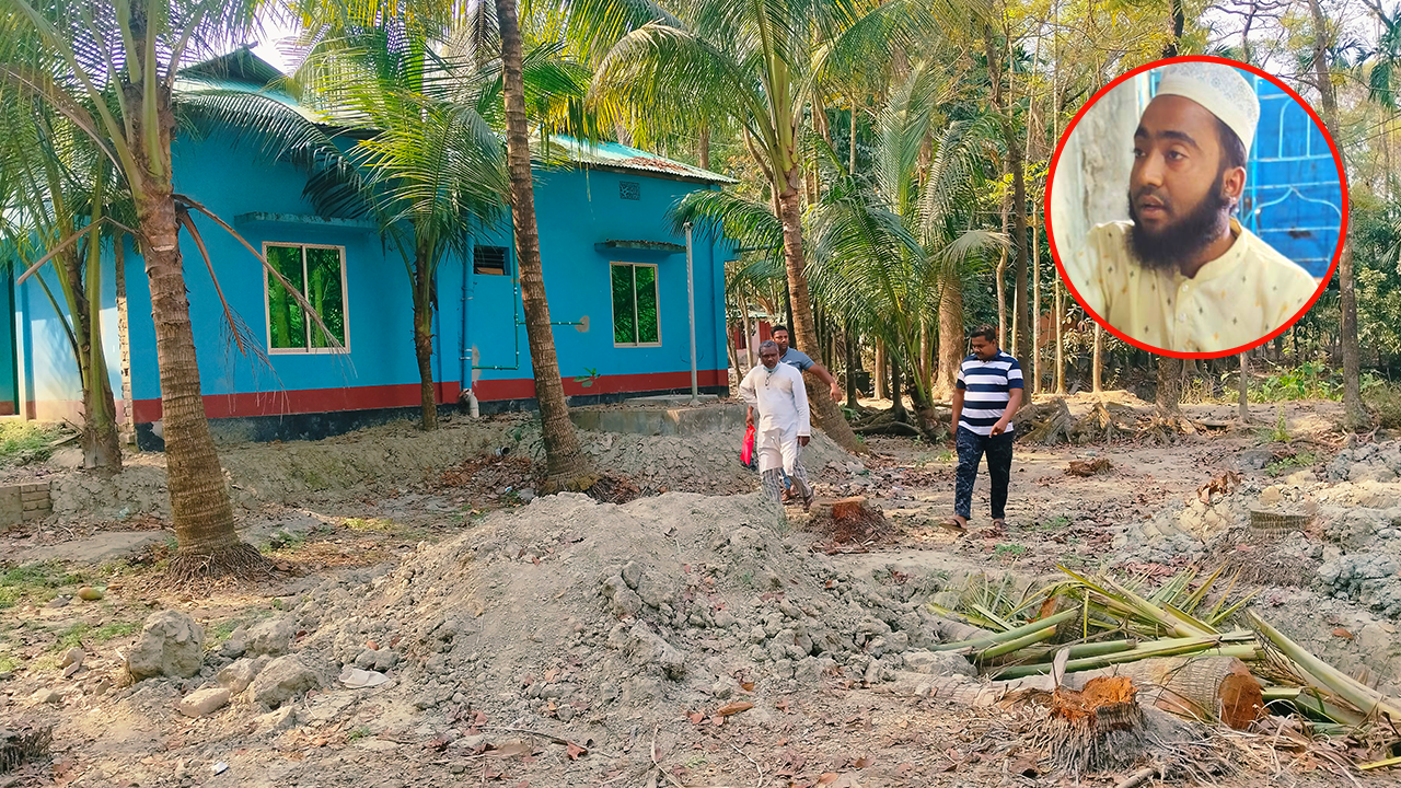 হাতিয়ায় প্রবাসীর জমি দখলের অভিযোগ। ইনসেটে জামায়াত নেতা জামশেদ উদ্দিন জাহাজমারা। ছবি : কালবেলা